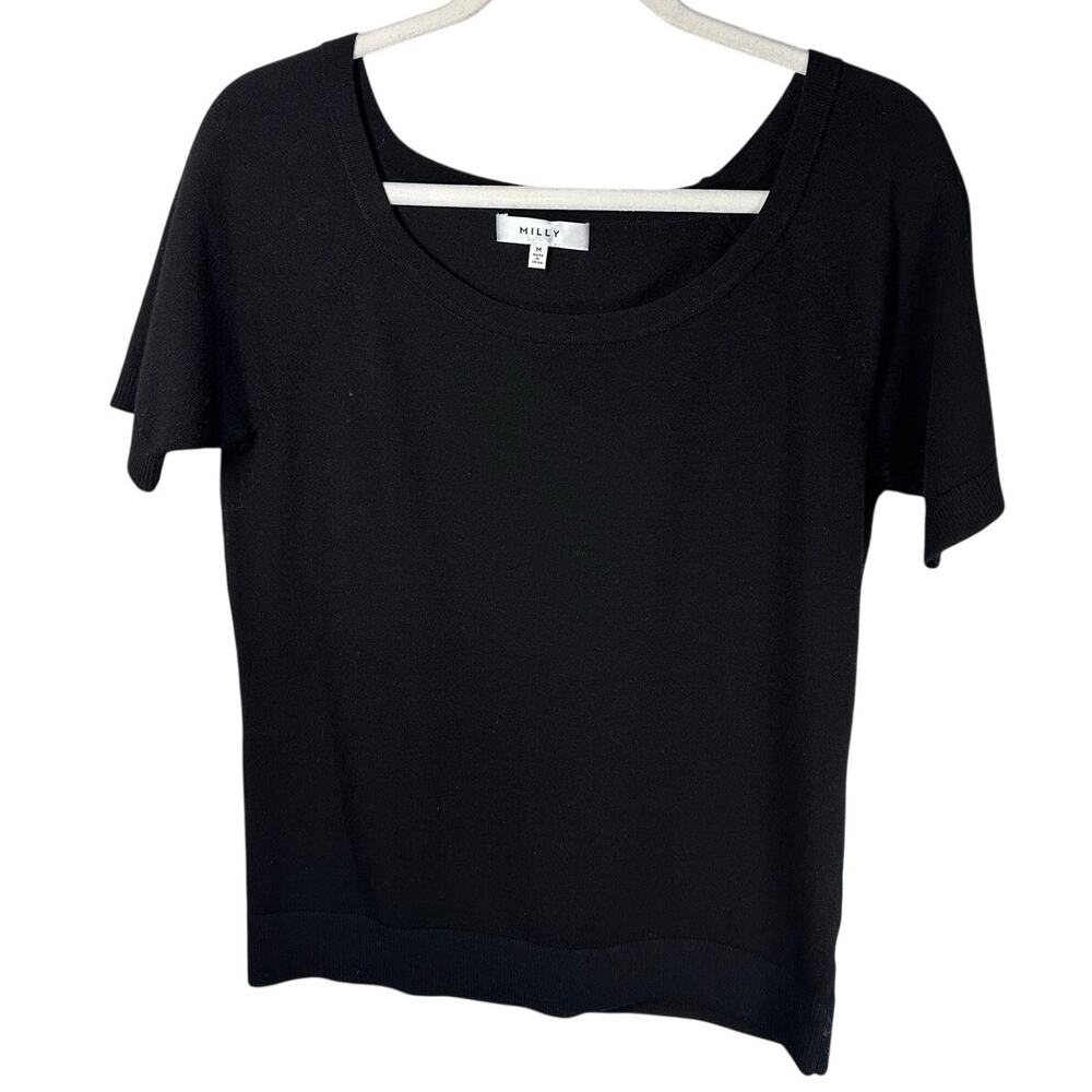 Milly Black Scoop Neck Short Sleeve Knit Top Viscose Blend Womens Medium